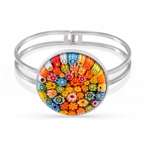 Murano Style Glass Charm Bracelet Cuff - Bangle Bracelets for Women Glass Jewelry Trendy Colorful Daisy Flower Stainless Steel Fun Unique Birthday Gifts for Women Birthday Anniversary 6.5 - 7.5