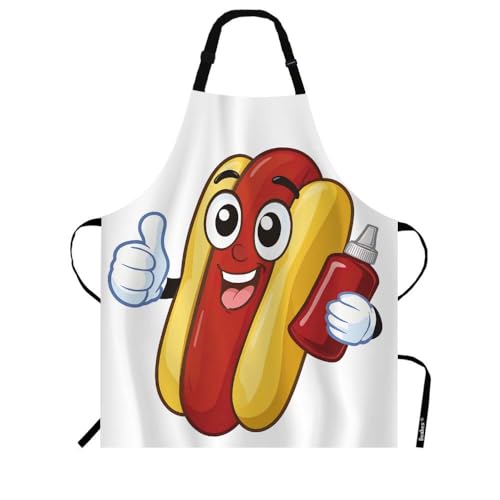 Beabes Hotdog Sandwich Kitchen Apron Food Show Thumbs-Up Hold Squeeze Bottle of Ketchup Cooking Bib Apron for Chef Restaurant Home Cleaning Serving Painting 27' X 31'