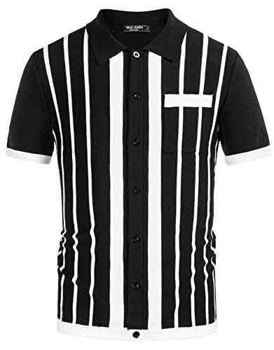 Mens Vintage Striped Knit Polo Shirts 70S Retro Short Sleeve Button Down Golf Polo Shirt Black L #TOP1