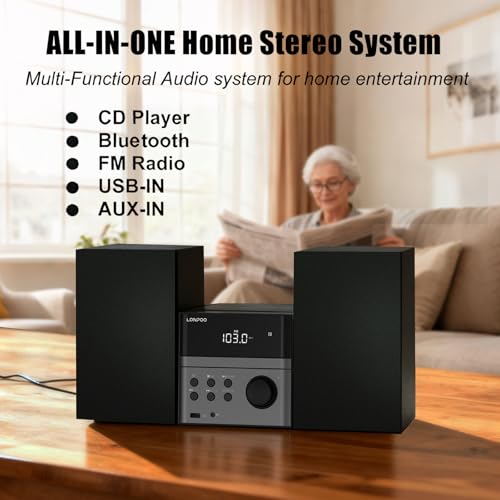 image for LONPOO Home CD Stereo Shelf System, 30W Micro HiFi System (with CD Pla