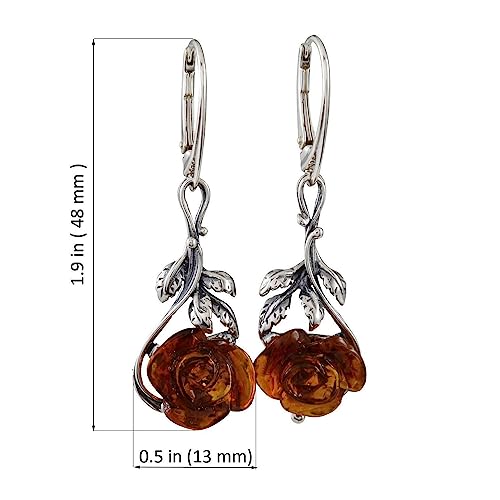 Sterling Silver and Baltic Honey Amber Leverback Earrings Open Rose3