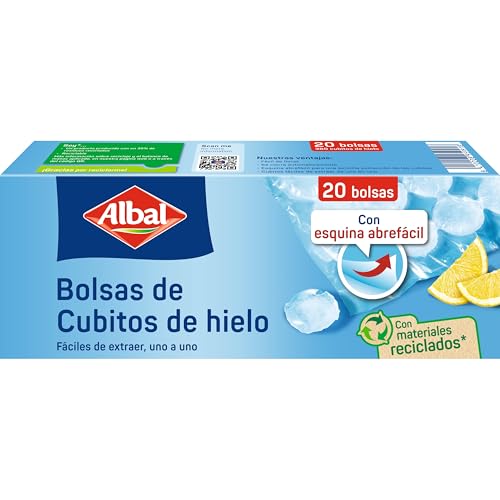 Albal Bolsas de cubitos de hielo - Bolsas para congelar y almacenar cubitos de hielo con válvula de cierre automático, fáciles de llenar y extraer, 70% material reciclado, sin BPA, 20 unidades