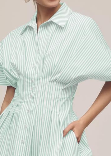 Image of Women Summer Short Sleeve Button Front Pleated Shirt Dress Striped Collar V Neck Casual Y2k Swing Short Mini Dress