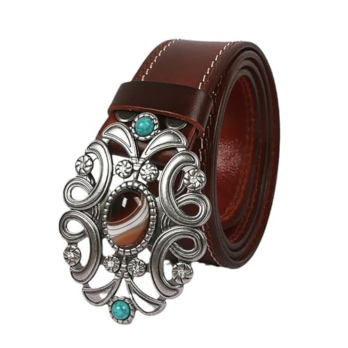 Adjustable Mens Cowboy Country Belt for Pants Jeans, Turquoise Carved Pattern Western Belts Genuine Leather Belts for Women