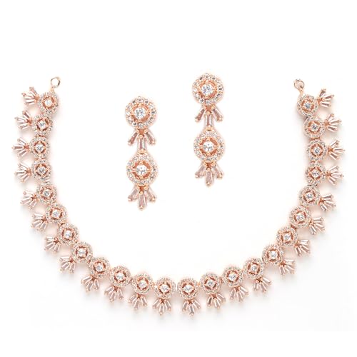 Image of ZENEME Women American Diamond Studded Necklace With Earring Detailing Jewellery Set For Women and Girl