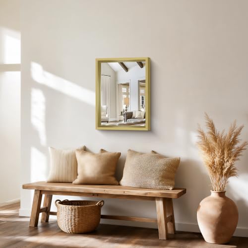 Image of Bathroom Mirror, 18 x 24 inch Natural Wood Grain Colored Aluminum Metal Frame Bathroom Vanity Mirror, Rectangle Wall Mirror for Bedroom Living Room, Tempered Glass, Horizontal or Vertical