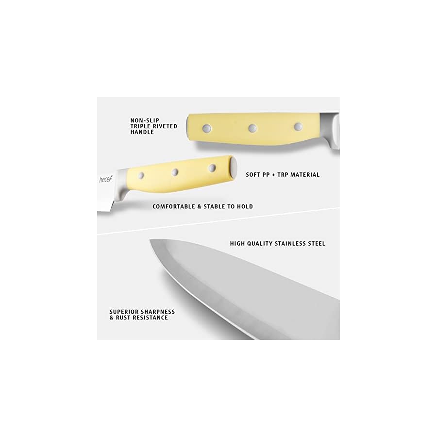 hecef-Kitchen-Knife-Block-Set-14-Pieces-Knife-Set-with-Wooden-Block-Sharpener-Steel-All-purpose-Scissors-High-Carbon-Stainless-Steel-Cutlery-Set-Yellow hecef Kitchen Knife Block Set, 14 Pieces Knife Set with Wooden Block & Sharpener Steel & All-purpose Scissors, High Carbon Stainless Steel Cutlery Set (Yellow)