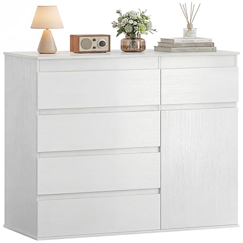 HOMCOM Modern Sideboard, Sideboard Storage Cabinet with 5 Drawers, Adjustable Shelf, Soft-Close Door, Storage Cupboard for Dining Room, Kitchen, Living Room, White