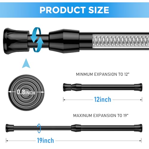 Image of 2 Pack Small Tension Rod 12 to 19 Inch Adjustable Tension Rod Mini Curtain Rod Spring Rod No Drilling Short Tension Rods for Windows, Cupboard, Kitchen, Black