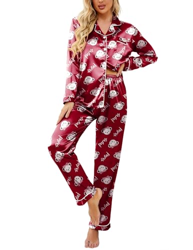 Image of Ekouaer Womens Satin Pajama Set Classic Pattern Silky Pj Sets Button Down Sleepwear Loungewear