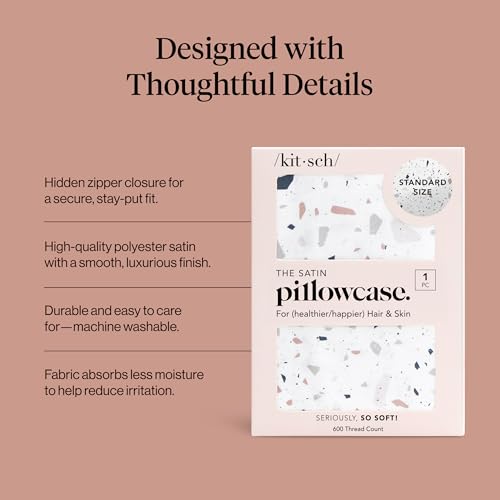 Image of Kitsch Satin Pillowcase with Zipper - Standard Size, White Terrazzo | Softer Than Silk Pillow Cases, Smooth Cooling Satin Pillow Case for Hair and Skin, Wrinkle-Free, Machine Washable