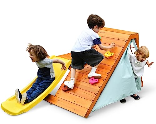 Image of Avenlur Palm Outdoor and Indoor Playground 5 in 1 Backyard Playset with Ladder, Rock Wall, 4 ft. Slide, Tent Fort, Montessori Style Play Set Climber Playhouse Toddlers, Children, 2-6yr (Yellow)