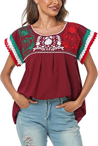 YZXDORWJ Women Mexican Embroidered Lace Traditional Colorful Blouse Tricolor Top Mexican Independence Day Shirt
