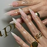 24Pcs Long Stiletto Press on Nails Acrylic Fake Nails Pink Gradient False Nails with Star Pattern Design Acrylic Nails Press ons Long Almond Nails Full Cover Reusable Stick on Nails for Women