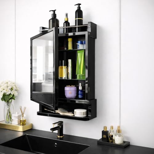 Image of HOUZA Premium Look Plastic Wall Mounted Bathroom Mirror Cabinet with Storage | Waterproof Storage Organizer with Shelves | Bathroom Accessories (Black)