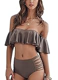 ZXZY Women Pure Color Frill Off Shoulder Lace Up Tube Top Bikini Swimwear