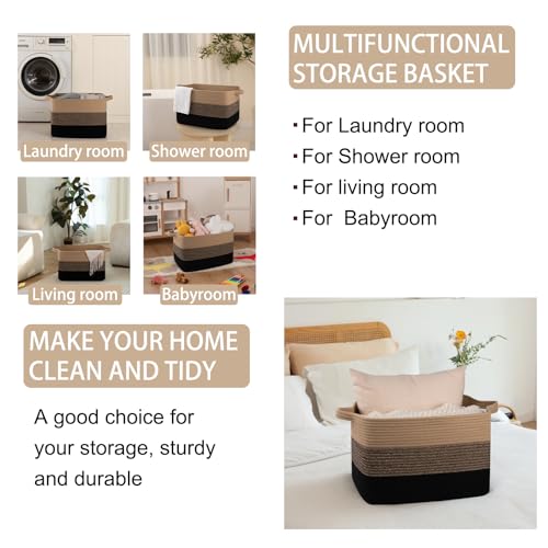 Image of OIAHOMY Large Blanket Basket, Rectangle Woven Baskets, Nursery Blanket Storage Living Room, Toy Storage With Handle, Large Baskets for Organizing-17.7 inchx13.8 inchx11 inch-Yellow Black