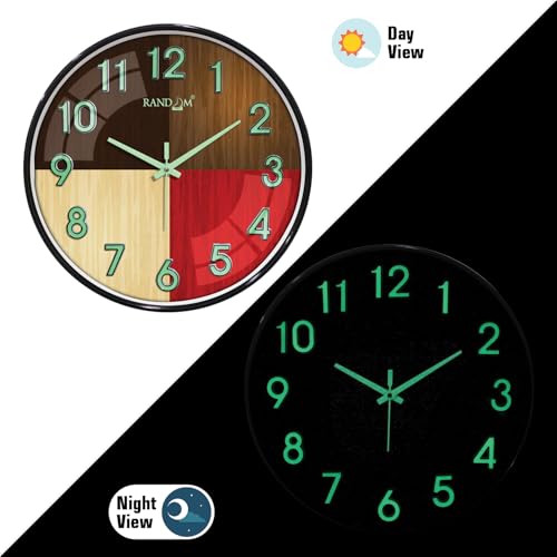 Image of RANDOM Modern 12.75INCH Wall Clock with 3D Radium Numbers, Silent Non-Ticking, Premium Black Frame, Metallic Face, Ultra Clear Glass for Living Room, Home Office
