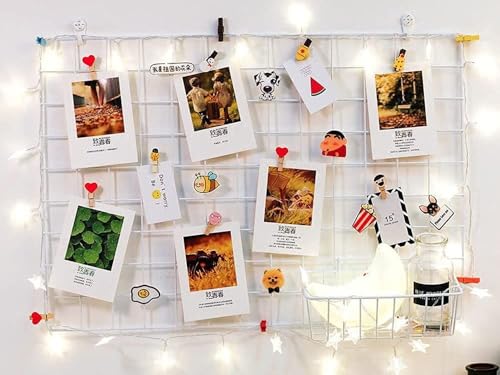 Image of Wire Grid Photo Display Board, Metal Frame, 65x45 cm, Modern Style,Wall Mount with Square Shape, Home Decor Wooden Clip 10 pcs , Metal Mesh Memory Wall, Black, Decorative Clip Board for Pictures Wall Hanging Photo Frame