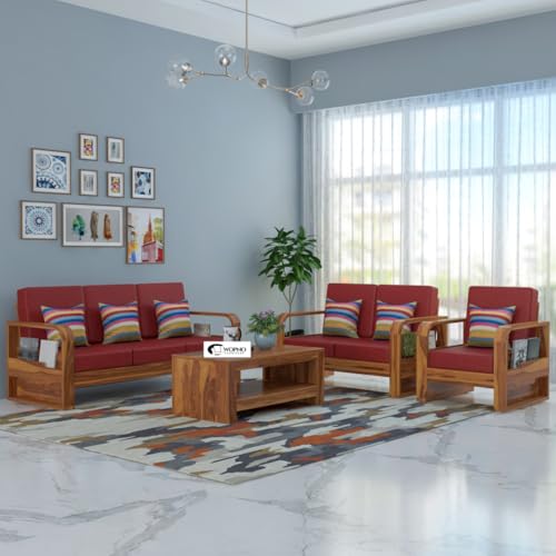 Image of Sheesham Wooden 6 Seater Sofa Set for Living Room | Solid Wood Sofa with Side Pocket Storage & Cushion | Rosewood Sofa for Home & Office | Lounge (Honey with Red Cushion, 6 Seater)