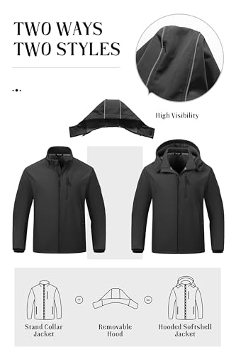 Pursky Men's Softshell Jacket Waterproof Fleece Lined Windbreaker With Removable Hood Lightweight Tactical Jacket3