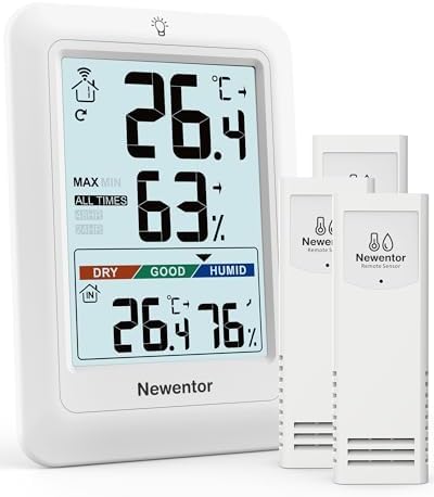 Newentor Thermometer innen außen MAX MIN 24/48 Std | Große Ziffern für einfaches Ablesen, Wetterstation Funk mit Außensensor mit Luftkomfort, Weiß, 3 Außensensoren.