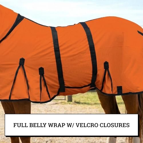 Image of Horse Fly Sheet with Attached Neck Cover & Tail Flap | UV Protection Mesh Horse Blanket, Full Body Bug & Sun Shield, Buckles, Belly Wrap & Gussets for Spring Summer Riding Rug (Orange, 76 inch)