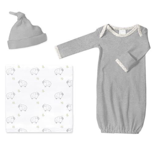 Image of SwaddleDesigns Baby Gift Set, Little Lambs Muslin Swaddle Blanket and Sterling Gray Newborn Hat and Pajama Gown with Mitten Cuffs, Softest Cotton