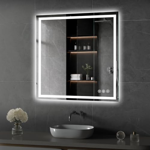 Image of Koonmi 32x32 LED Bathroom Mirror with Light, Anti-Fog, 3 Colors | Backlit + Front Lit, Dimmable Brightness, Shatterproof HD Distortion-Free Tempered Glass, Hardware Included