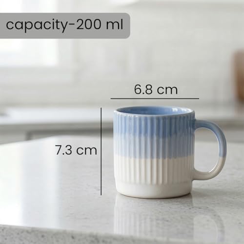 Image of The Earth Store Sky Blue Fringe Premium Ceramic Cup Set of 4 for Tea, 200 ML | Microwave and Dishwasher Safe Space Saver Tea Cup with Stand | Coffee Cups for Gifting, Home & Office Use, Every Occasion