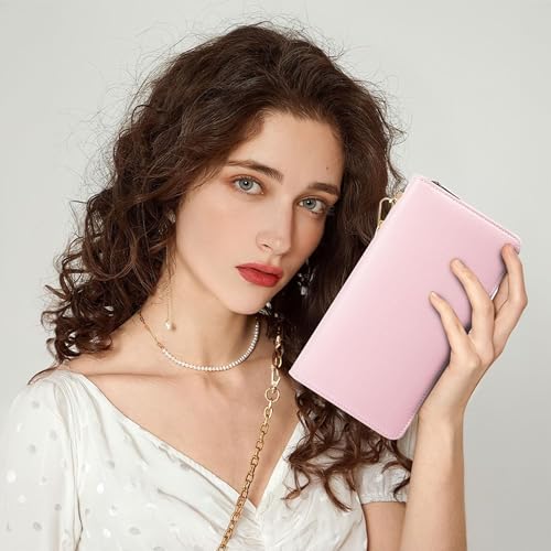 Image of Chelmon Womens Wallet Geunine Leather RFID Blocking Purse Credit Card Clutch (Pebble Pink)