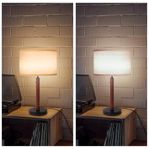 Mid Century Table Lamp,Walnut Wood Finish Table Lamps, Modern Mid Pull Chain Switch Bedside Lamps for Night Stands, Desk Lamp for Beding Room,Living Room,Reading Lamp with E26 Base,Linen LampShade - Image 3