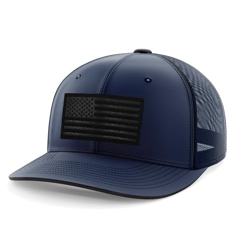 American Flag Flexfit Hat | Premium Stitched Leather Patch | for Men and Women (US Alpha Small Medium Navy Midnight Old Glory)