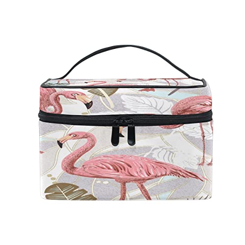 Bolsa de maquillaje, flores con flamencos y plantas tropicales, hojas de palma, almacenamiento de artículos de tocador para cosméticos, gran asa de viaje, compartimentos personalizados para