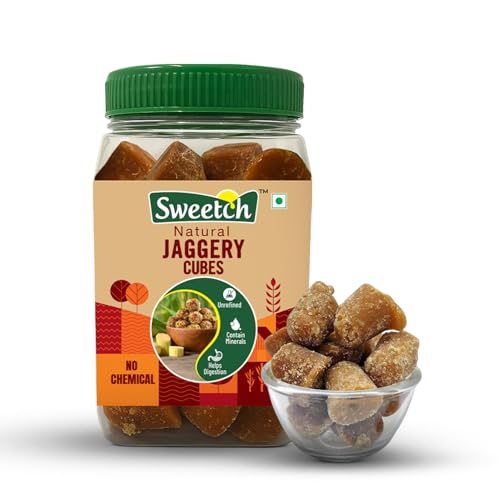 Image of Sweetch Natural Cane Jaggery Cubes 500gm Jar Healthy Sugar Substitute, Desi Gud Bites Size Small | Helps in Digestion | Traditional Sweetener | Sugarcane Jaggery, Gur | Chemincal Free, Nutrient-Rich & Contains Minerals