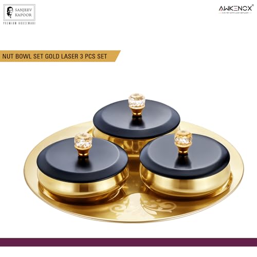 Image of Sanjeev Kapoor Stainless Steel Diamond Nut Bowl Serving Set 7 Pcs | 3 Bowls with 3 Lids and 1 Tray | Elegant Storage & Serving Bowl Set for Dry Fruits, Snacks, and Festive Use