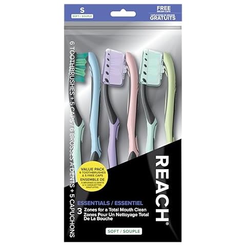 Reach Essentials Toothbrush with Toothbrush Caps, Multi-Zoned Angled Soft Bristles, Contoured Handle, Tongue Scraper, 6 Count Cover