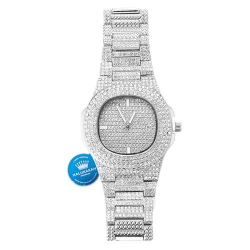Halukakah Vergoldete Uhr Iced Out,Herren Platin Weißgold Plattiert Quarzarmband 9.5,Volle Cz Labordiamants Zinken-Set, KOSTENLOSE Geschenkbox