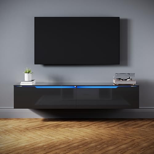 SONNI TV-Schrank 160cm, Lowboard Hochglanz Schwarz Hängend/Stehend, TV-Regal mit 16 Farben LED-Beleuchtung, 2 Schublade, Fernsehtisch für Fernseher bis 65 Zoll Wohnzimmer & Schlafzimmer,160x35x30cm.