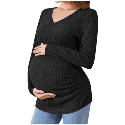 Ropa Premama Embarazada,Cuello V Premamá Tops Camisas de Lactancia Materna de Manga Larga para Mujeres Ajustado Jersey Mujer de Punto Acanalado Suéter Color Sólido Ropa Premamá de Enfermería