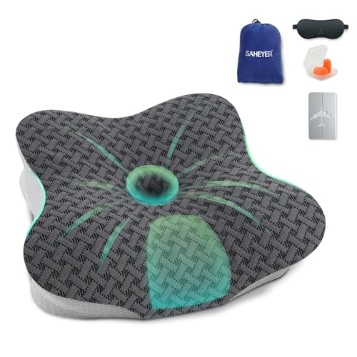 SAHEYER Travel Pillow for Sleeping, Ergonomic Cervical Neck Support Pillows, Lightweight Memory Foam Travel Pillow for Camping, Backpacking, Hammock - with Travel Storage Bag and Cooling Cover, Black by SAHEYER - Used condition - US$29.15