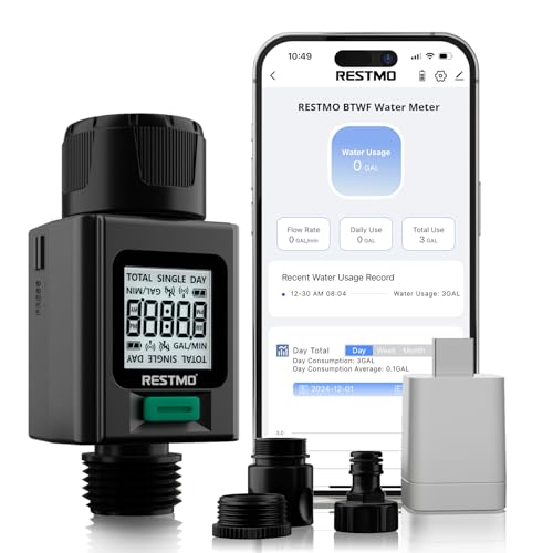 RESTMO Smart Water Flow Meter 180 Adaptive Garden Hose Meter Measuring Gallon/Liter Consumption & Flow Rate for Garden Watering RV Filling Sprinklers & Nozzle - Bluetooth and WiFi Connection