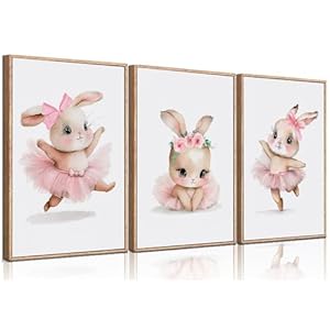 3 Pcs Pink Bunny Wall Art for Nursery Baby Room Cute Posters Prints Wall Decor Pictures Pink Preppy Dress Rabbit Ballet Artwork Canvas Paintings for Girls Room Bedroom Hone Decoration Unframed