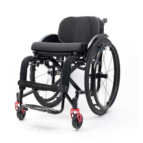Silla de ruedas deportiva plegable todo terreno ultraligera con reposapiés ajustable y altura del asiento, frenos de mano, ruedas traseras de liberación rápida y ruedas antivuelco, adecuada para