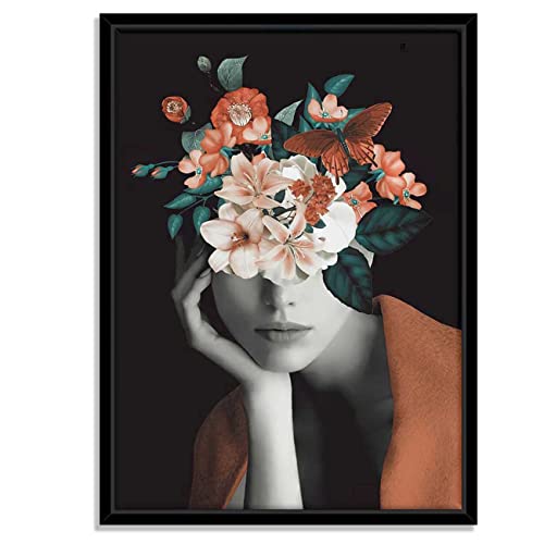 Image of PAINTINGMANTRA Masala Brown Girl & Flower Bouquet Black Framed Canvas Print for Wall, Home and Living Room Decoration (Size - 23 x 17 Inchs)