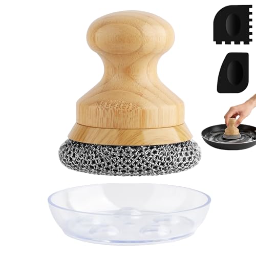 Beeptrum Cast Iron Scrubber and Scraper,Chain Mail Cleaner with Bamboo Handle & Draining Tray,316 Stainless Steel Brush for Cleaning Pots,Pans,Wok,Bakeware,Griddles, Grills,Dishes (Small Chain Mail)