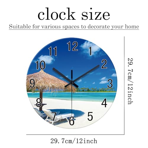 Image of XFM Blue Beach Wall Clock 12 Inch Silent | Non-Ticking Battery Operated Modern Glass Tropical Summer Coastal Decorative for Living Room Kitchen Bedroom Office