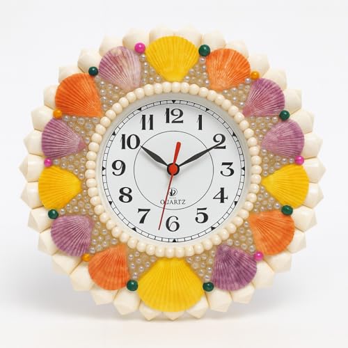 Image of Sea Shell Wall Clock for Hall | Multi Colour | Decorative Coastal Wall Clock | Ocean Theme Home Decor Clock for Home | Silent Non-Ticking Analog Wall Watch for Living Room & Bedroom