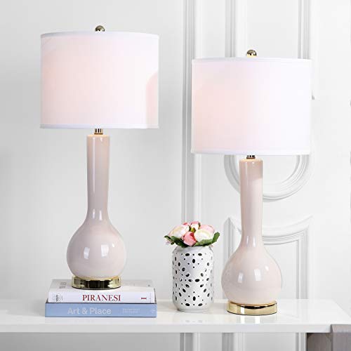 SAFAVIEH Lighting Collection Mae Long Neck Modern Contemporary Light Grey Ceramic 31-inch Bedroom Living Room Home Office Desk Nightstand Table Lamp Set of 2 (LED Bulbs Included)