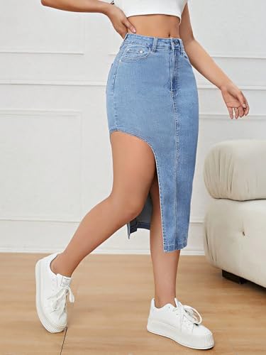 Image of GRECIILOOKS Women's High Waist Denim Skirt with Front Slit - Long Maxi Jean Skirt Casual Fashion - Stylish Denim Skirts for Women